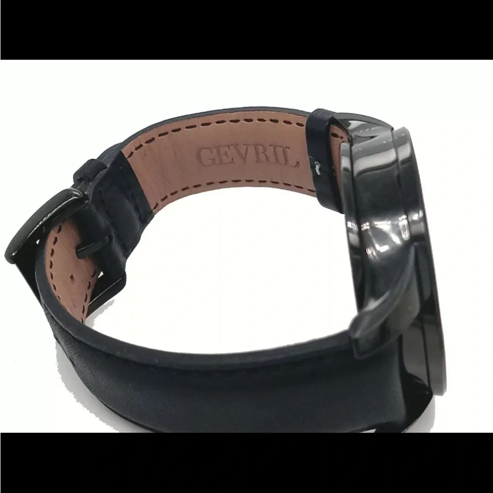 GEVRILColumbus Circle Automatic Black Dial Black Leather Men's Watch 2001 #109
